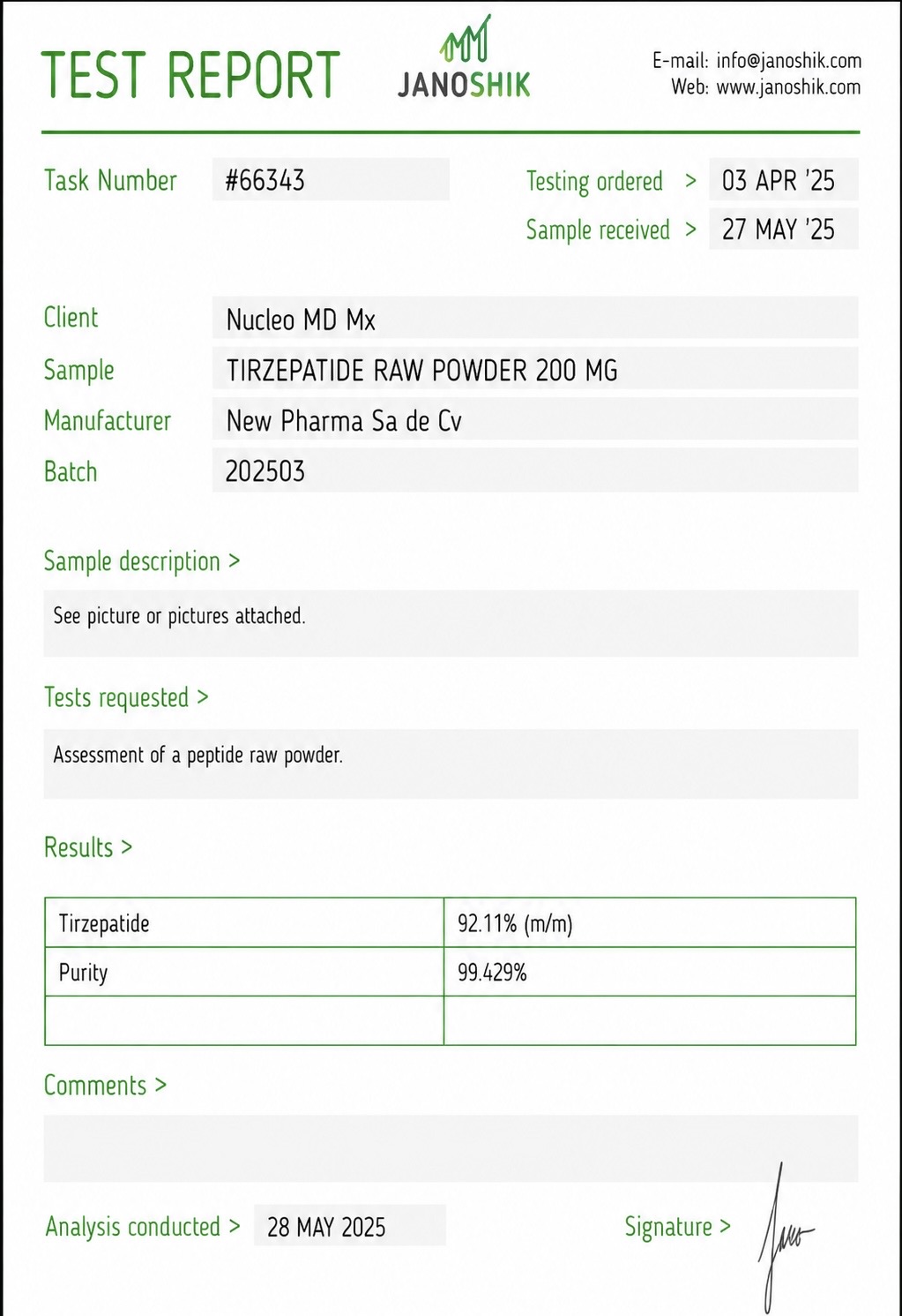 Certificado de pureza Janoshik — Tirzepatida 99.4%